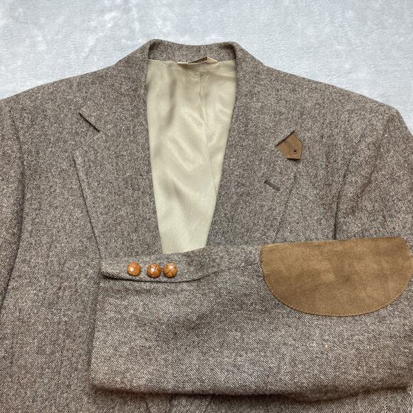 Vintage Courtenay Tweed Blazer Jacket Womens 44R Tan Wool Elbow Patch Equestrian - Picture 1 of 16